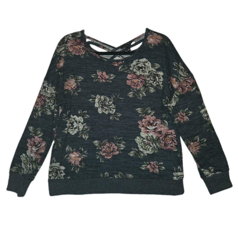 Signature Studio Large Floral Sweatshirt Gray Roses Long Sleeve Boho Stretch Top